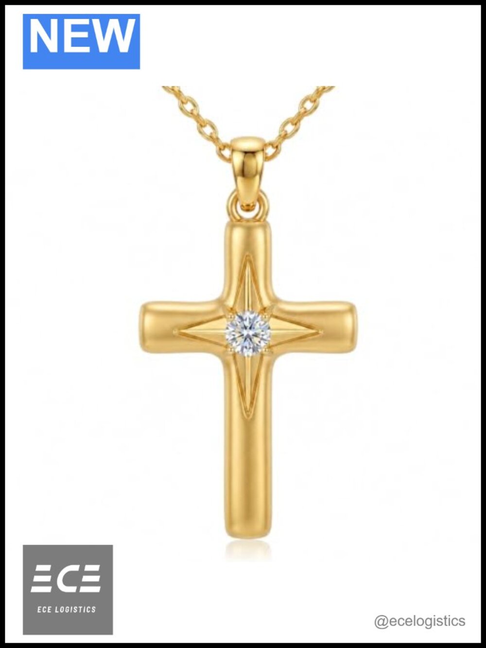 Compass Cross Pendant Necklace Gold Plated Brass Crystal 18 Inch